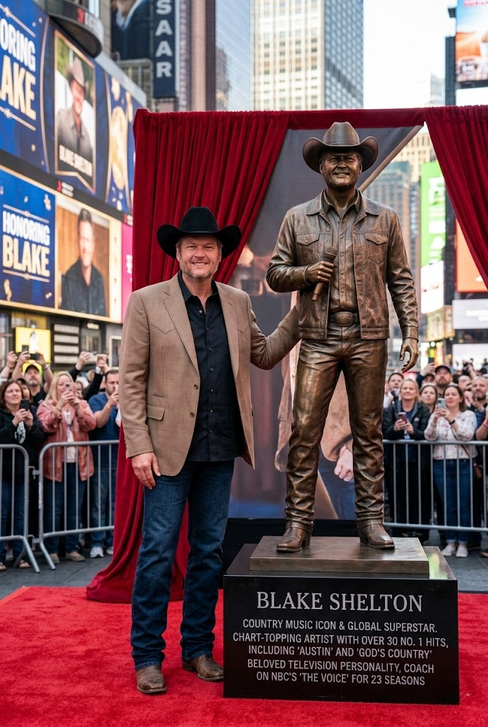 “THE FIRST MUSIC LEGEND IN HISTORY TO RECEIVE A FULL-BODY BRONZE STATUE ON THE HOLLYWOOD WALK OF FAME — AND HIS NAME IS BLAKE SHELTON.”