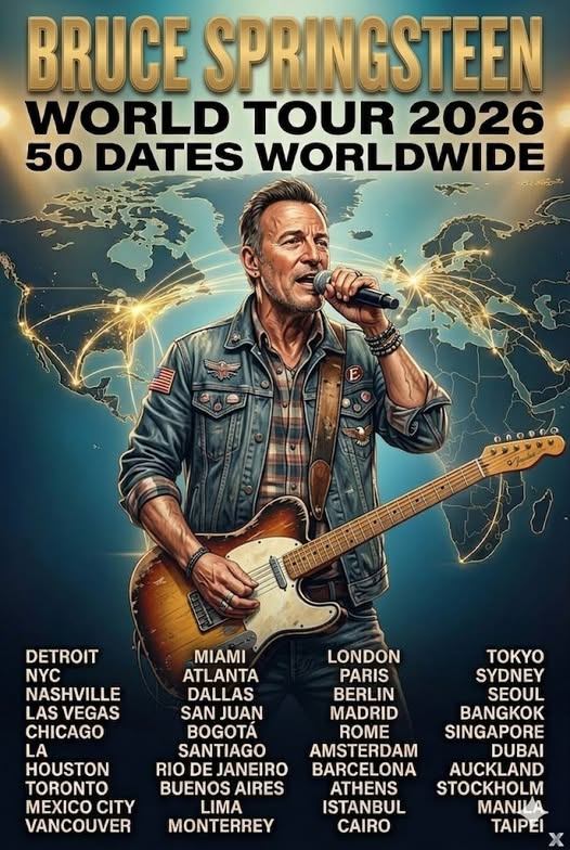 “Full Schedule Revealed: Bruce Springsteen’s 2026 World Tour Expands Into a 32-Date Global Run”