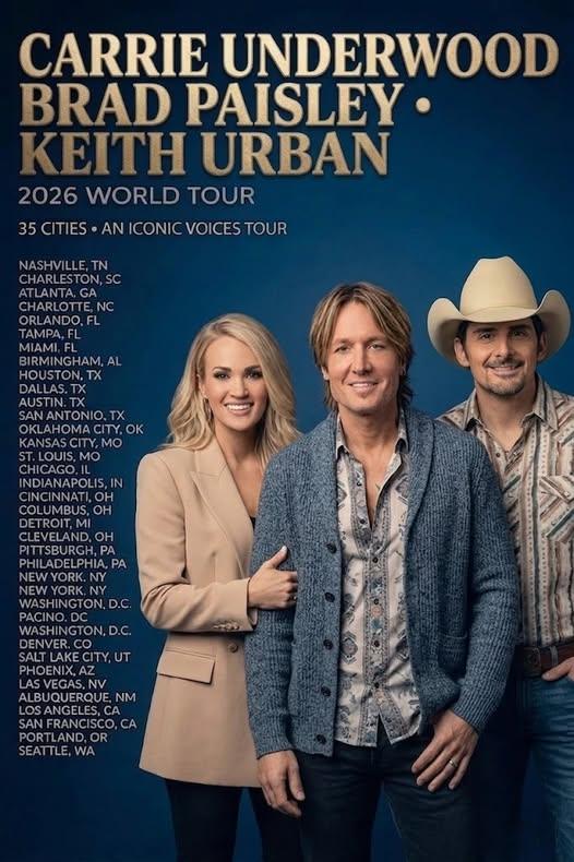 🚨🎤 Three Legends, One Stage: Carrie Underwood, Brad Paisley & Keith Urban Ignite Global Frenzy with 2026 World Tour Announcement